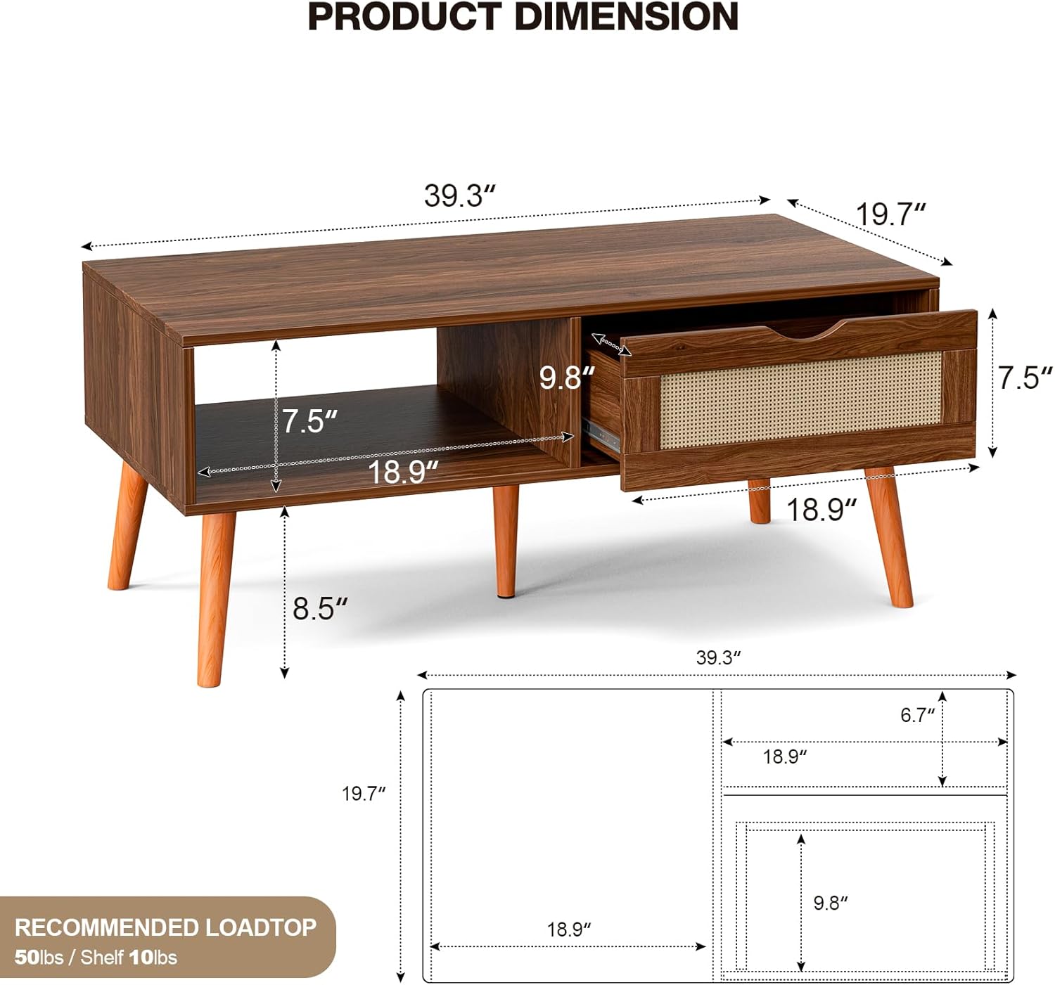 ZttRiee Coffee Table with Storage, Boho Dining Table with Rattan Drawer and Solid Wood Legs, Small Coffee Tables for Living Room, Walnut