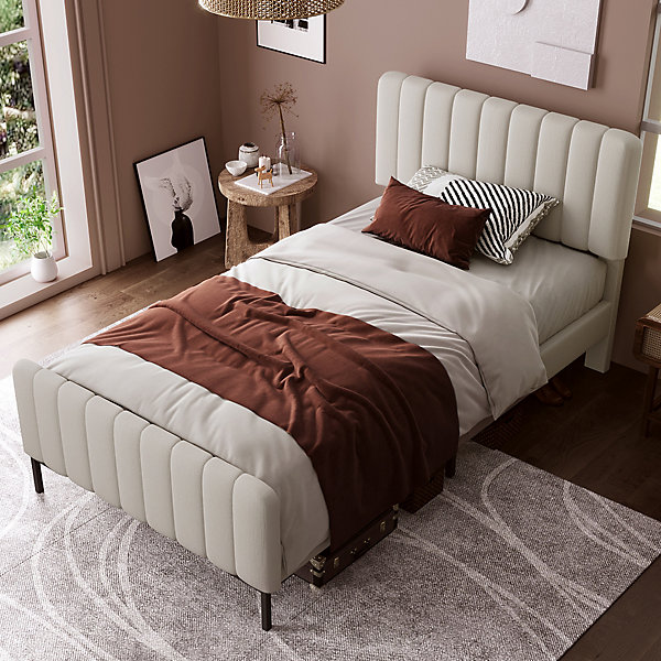 Lit 90x200 cm avec tête de lit réglable, revêtement lin gris-beige et sommier à lattes, cadre métal/bois