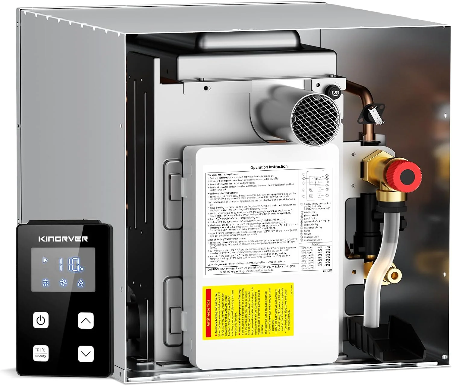 RV Tankless Water Heater without Door, , Propane Gas, DC 12V, 3 Optional Door Sizes 15x15, 15x18 and 18x18 for Refitment, Compatible with All RVs, Sufficient Power, High Altitude(RV Water Heater 65��000 BTU)