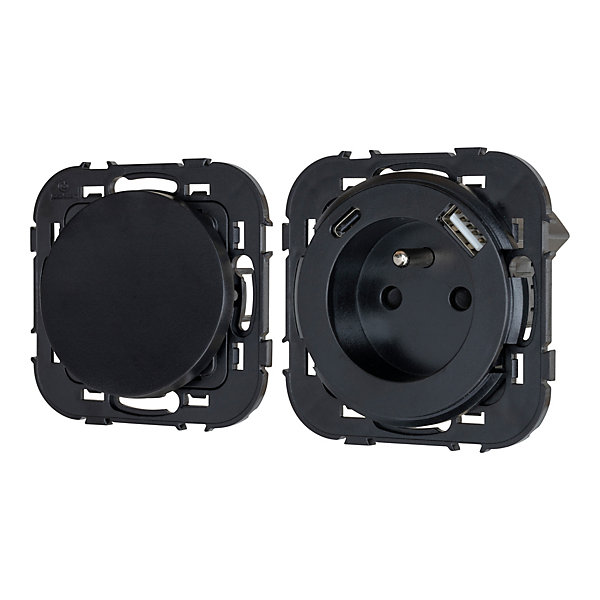 Ensemble double interrupteur   1 prise avec terre affleurante   1 prise USB-A C Jacobsen Espen noir composable