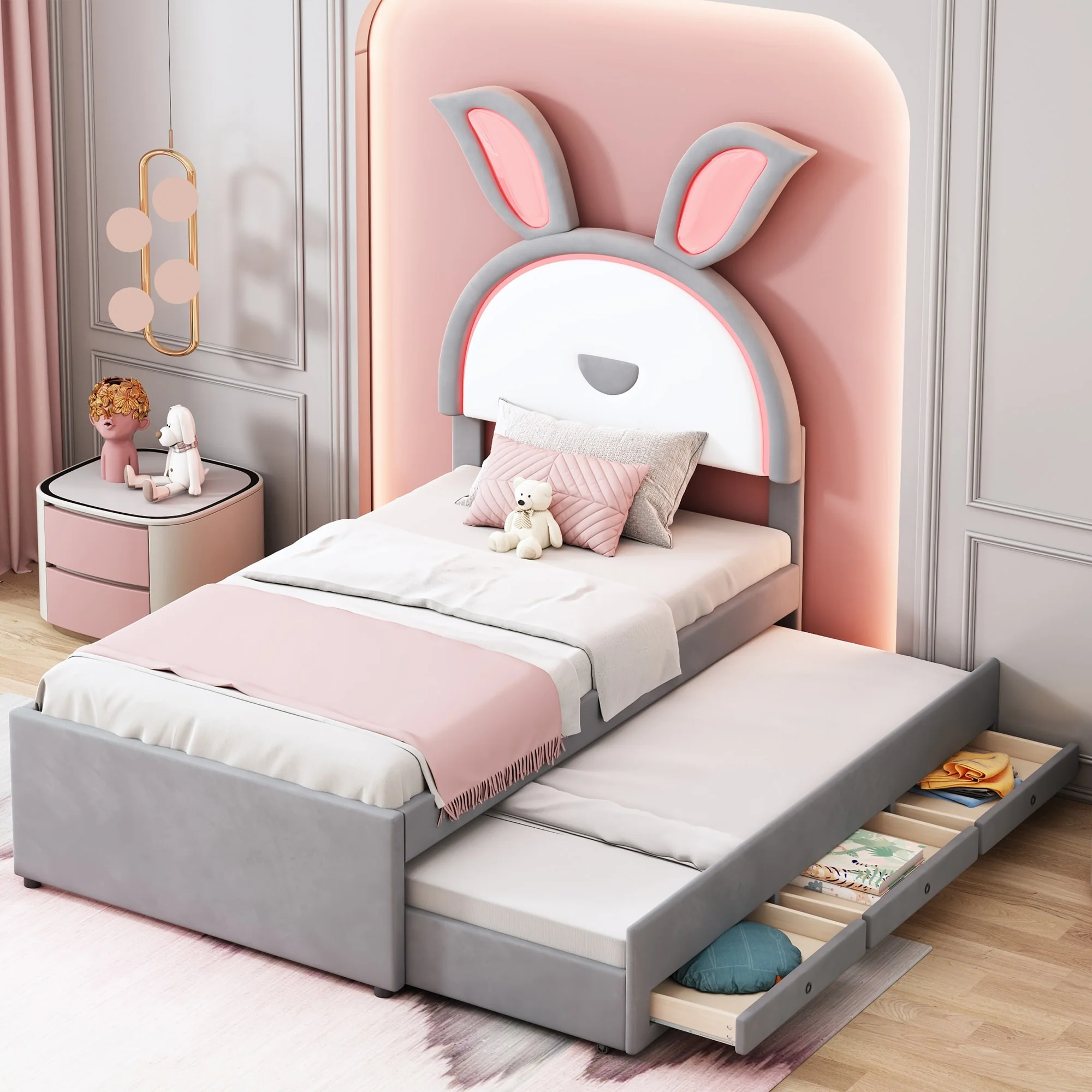 Velvet Twin Platform Bed with Trundle and Storage Drawers, Rabbit-Shaped Headboard