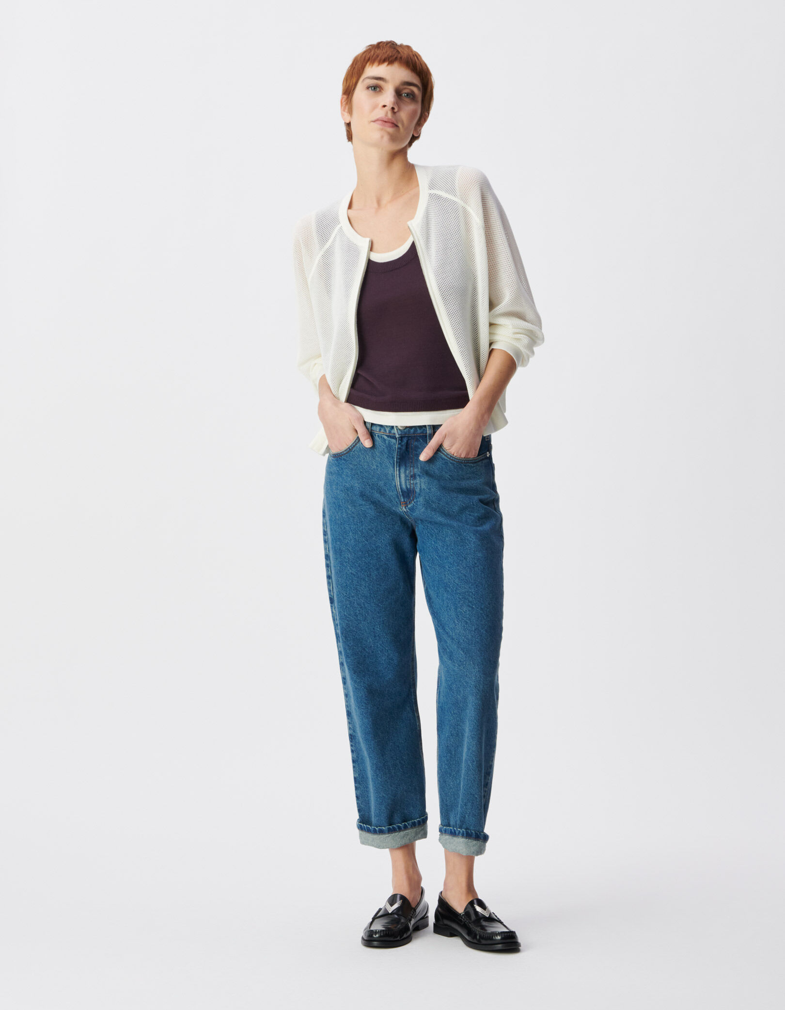 Cardigan zippé blanc tricot ajouré Femme