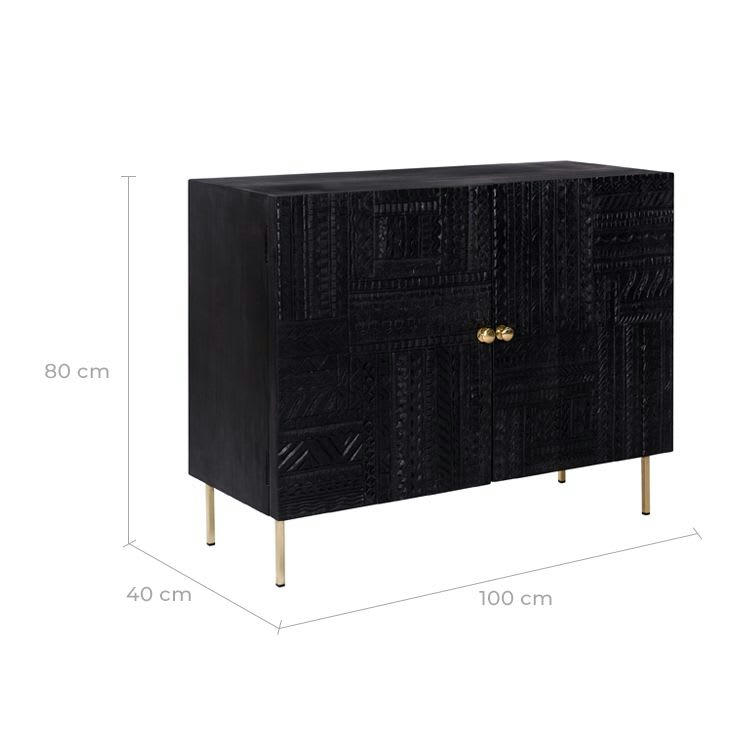 CHIMANE - Commode 2 portes en bois gravé noir et métal doré