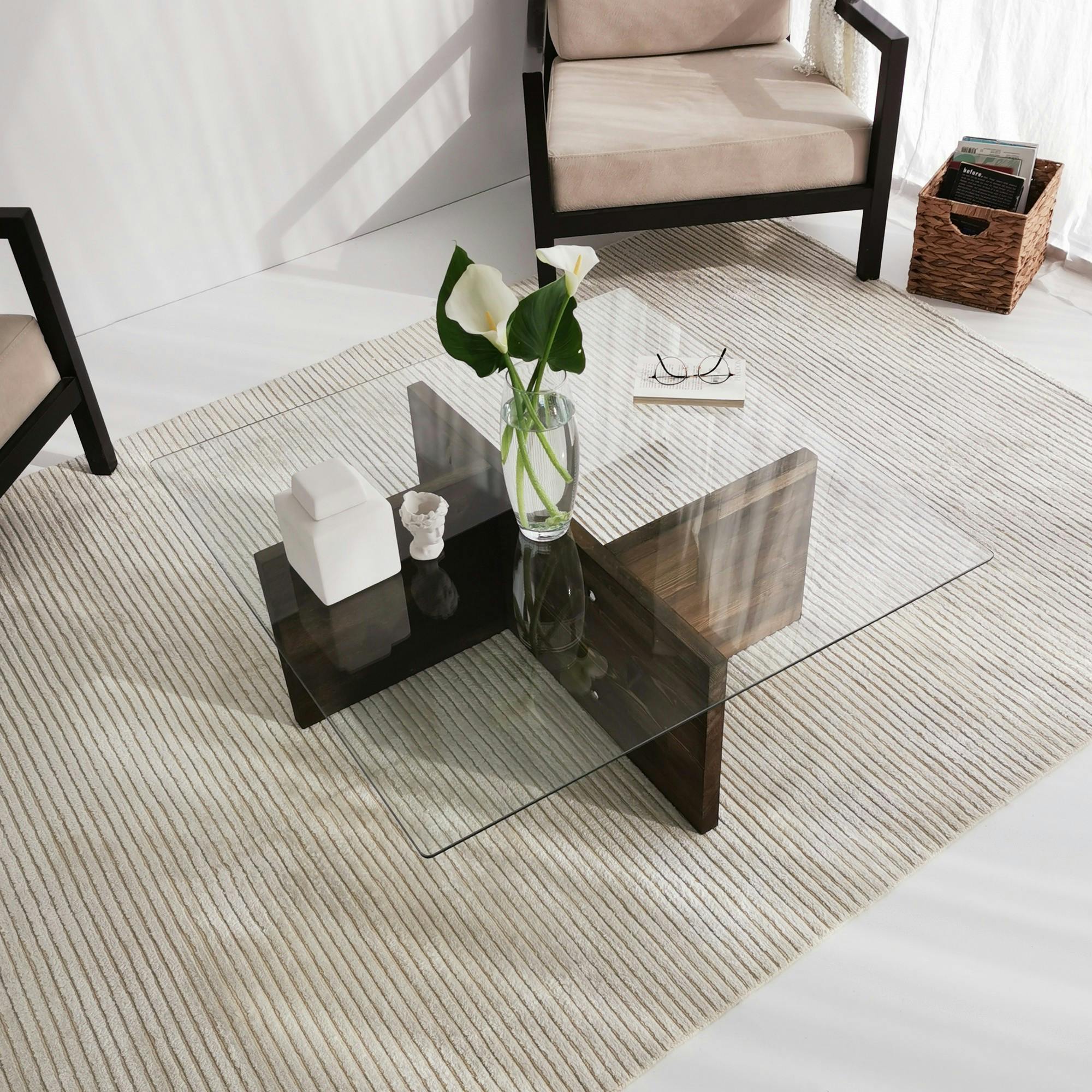 Table basse carrée verre et bois brun - base croisée LHASA