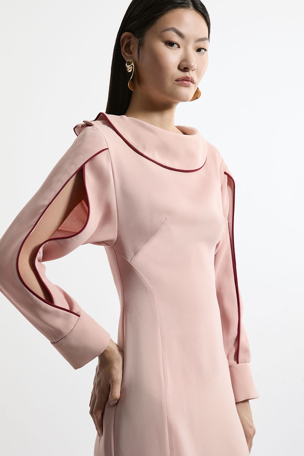 KarenMillen Soft Tailored Tipping Cowl Detail Sleeved Midi Dress