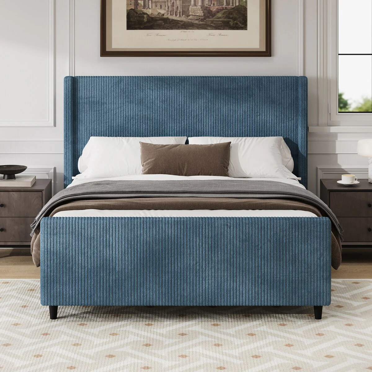 50.7'' High Headboard Corduroy Bed Frame with Vertical Stripe Wingback and High Footboard No Box Spring Needed, Queen Size
