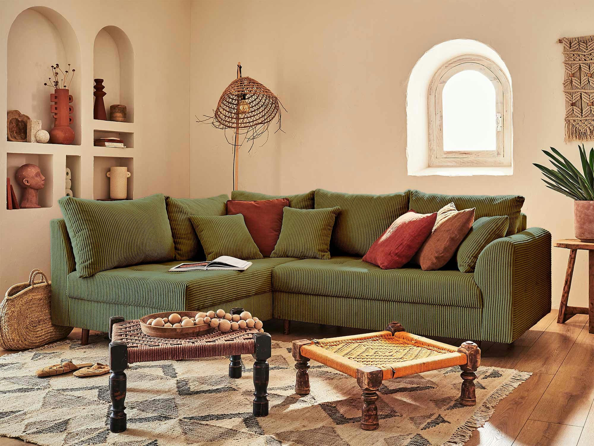 RUNE - Canapé d'angle gauche 4 places en velours côtelé vert