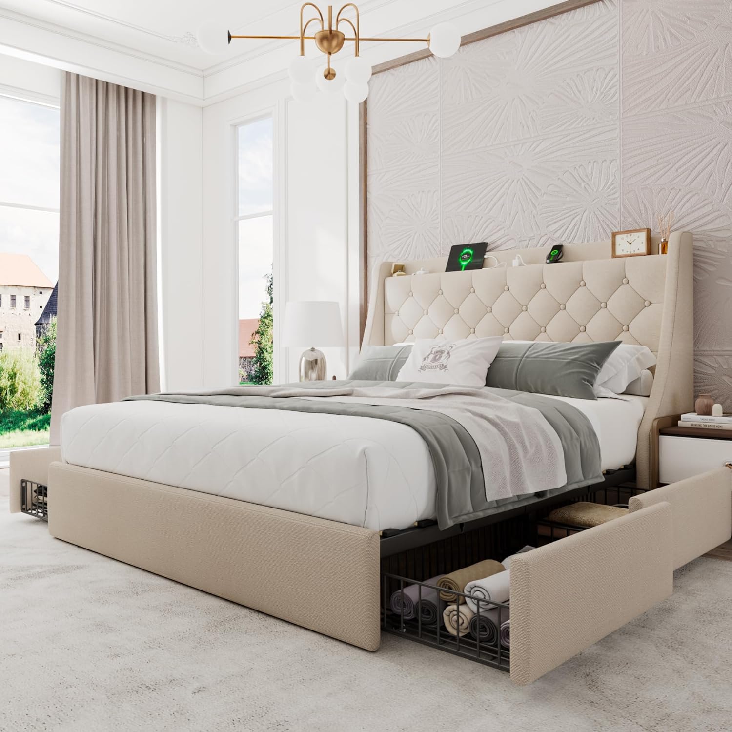 Upholstered Full Size Bed Frame with 4 Storage Drawers, Platform Bed with Wingback Headboard, Charging Station, No Box Spring Needed, Beige