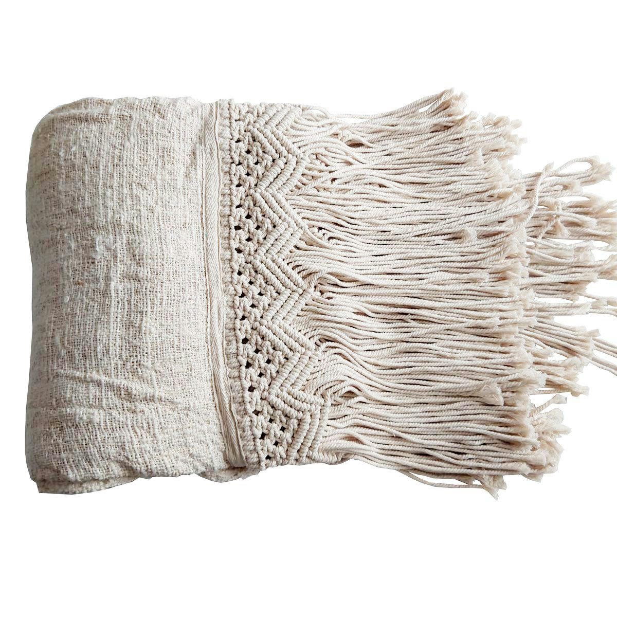 AUSSA - Plaid en coton avec frange en macramé, blanc 140x200 cm