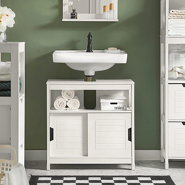 Meuble Sous Vasque Salle de Bain Blanc Moderne Bois Portes Coulissantes