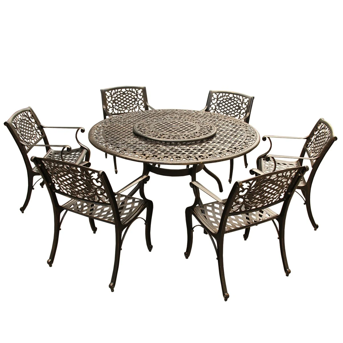 Mesh Lattice 59 in. Round Dining Set with Lazy Susan and Six Chairs - N/A