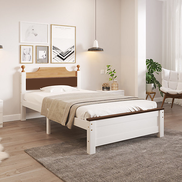 Lit simple pour enfant 90x200 cm - Lit avec tête et pied de lit - Pin   MDF - Sans matelas - Blanc