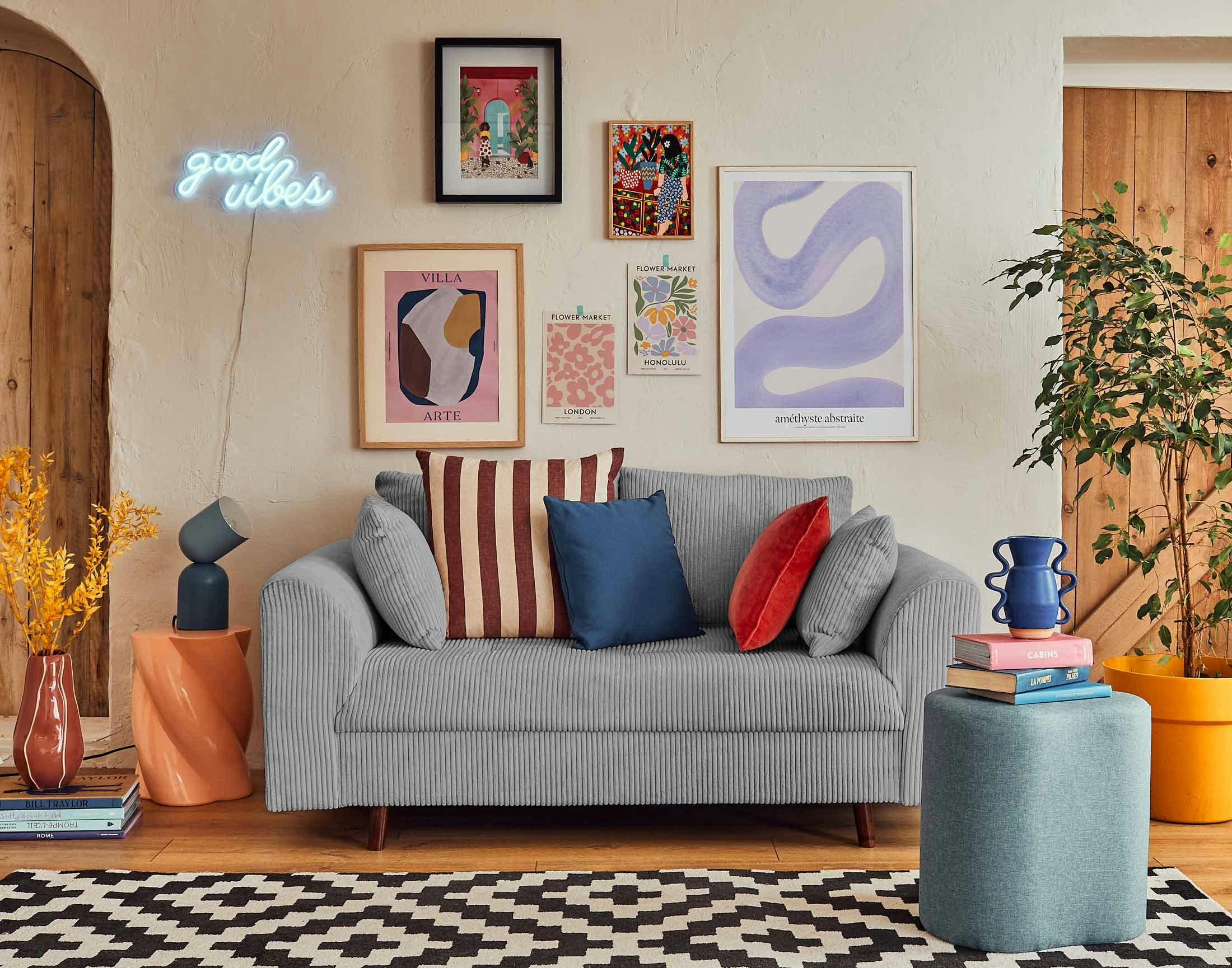 RUNE - Canapé droit 2 places en velours côtelé gris clair