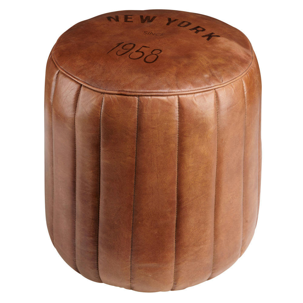 ASHER - Pouf rond en cuir marron