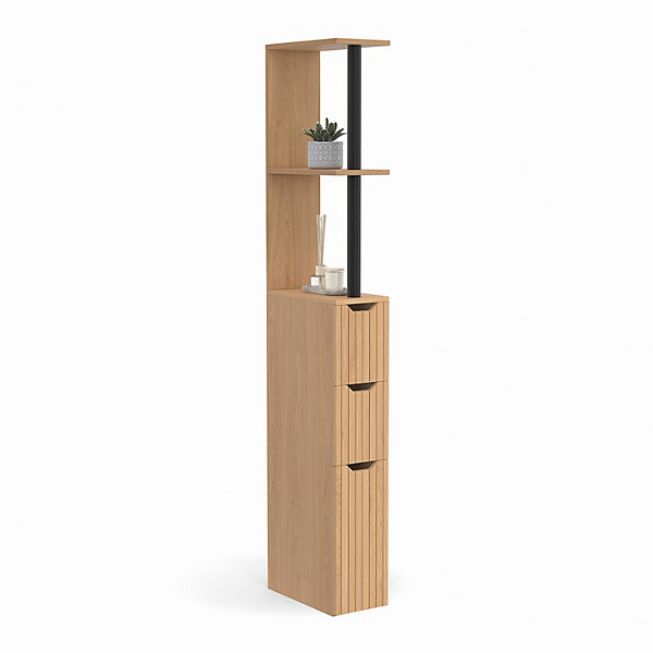 Meuble WC étagère bois JULIETTE 3 portes lattes tasseau bois coloris chêne