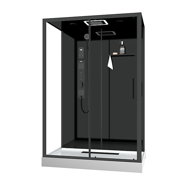 Cabine de douche l.85 x L.140 x H.218 cm – XXL, hydromassante connectée, Bluetooth, noir &blanc, Galedo Aura