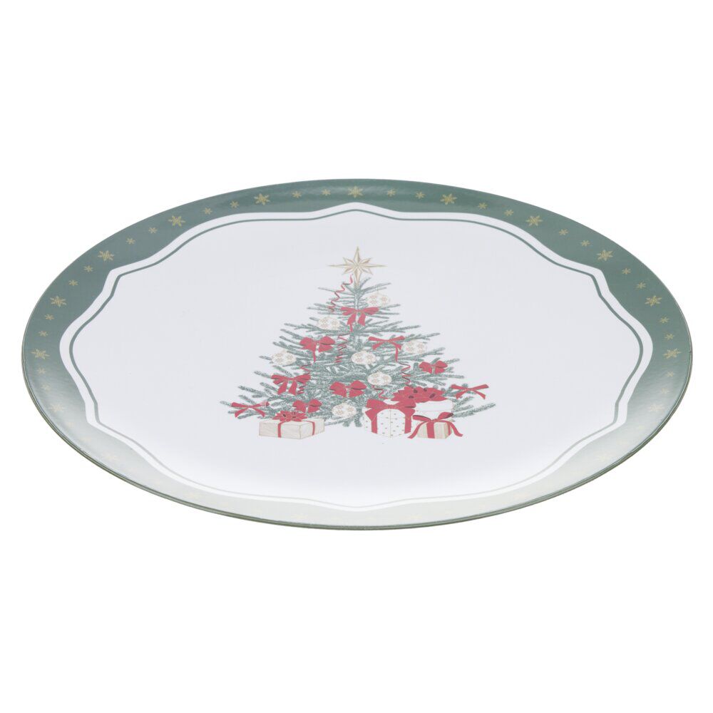 Sous-assiette imprimé contour vichy et branche de houx Ø33 cm vert