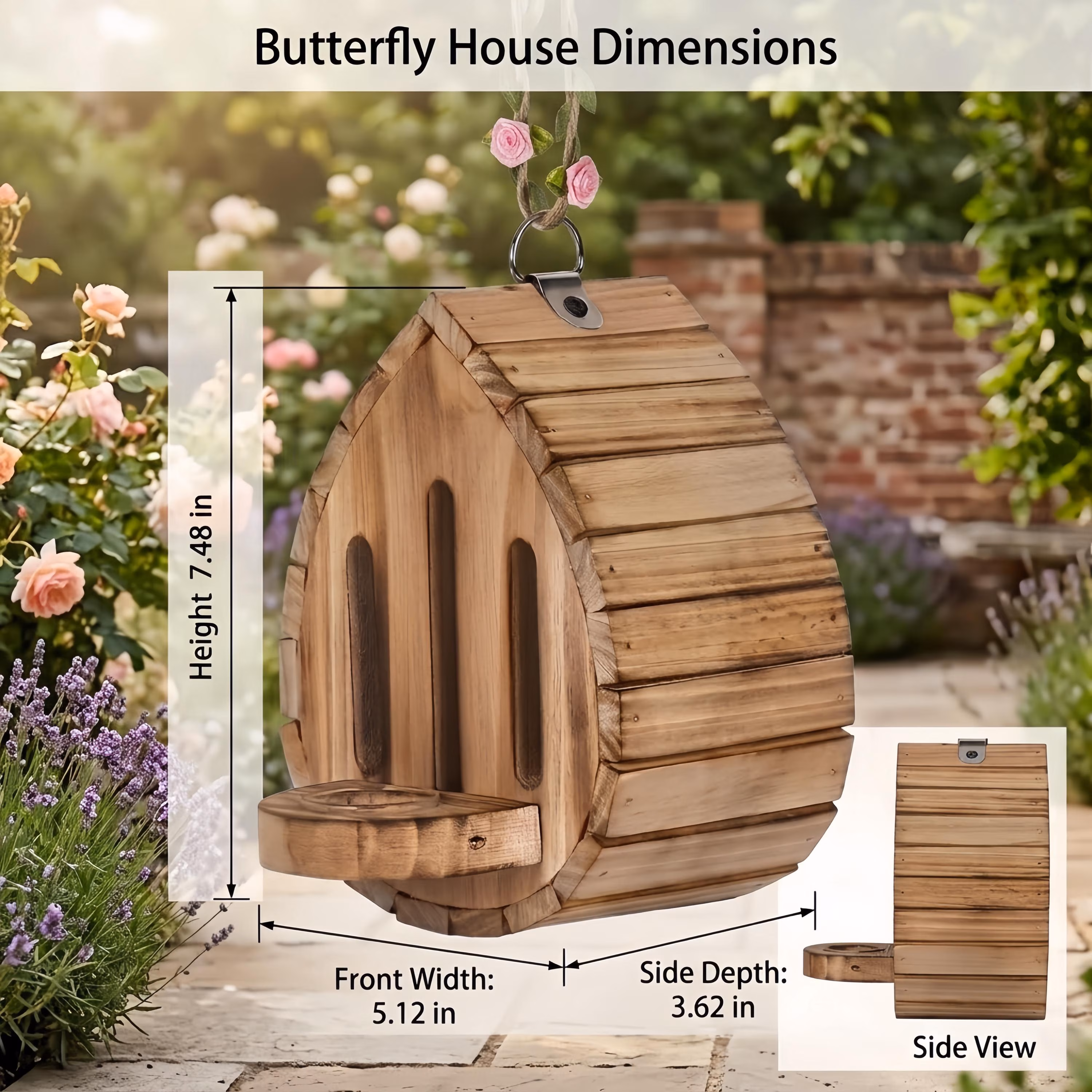 Hanging Wooden Butterfly House with Floral Vine Rope, Butterfly Feeder for Garden Pollinators, Patio Decor Gift, Butterfly Lover Gift
