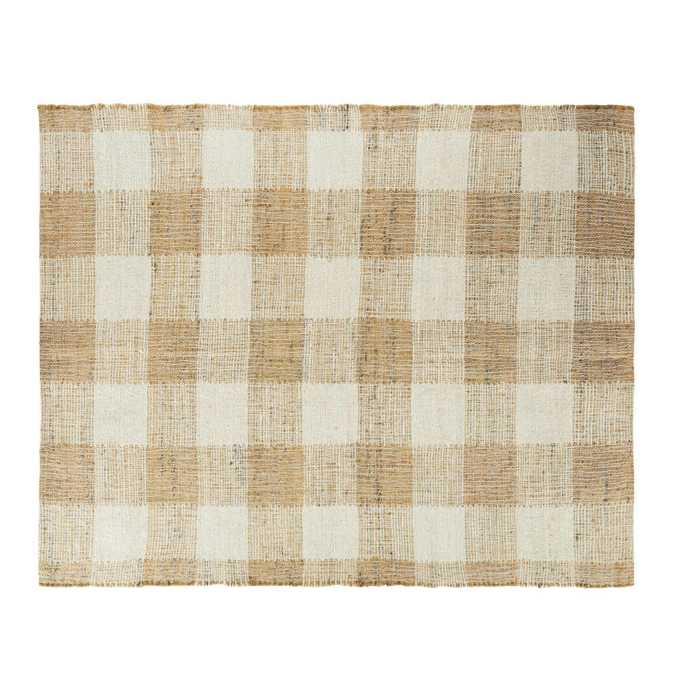 PIZEN - Tapis en jute tissé et coton motifs à carreaux marron caramel et blancs 160x210