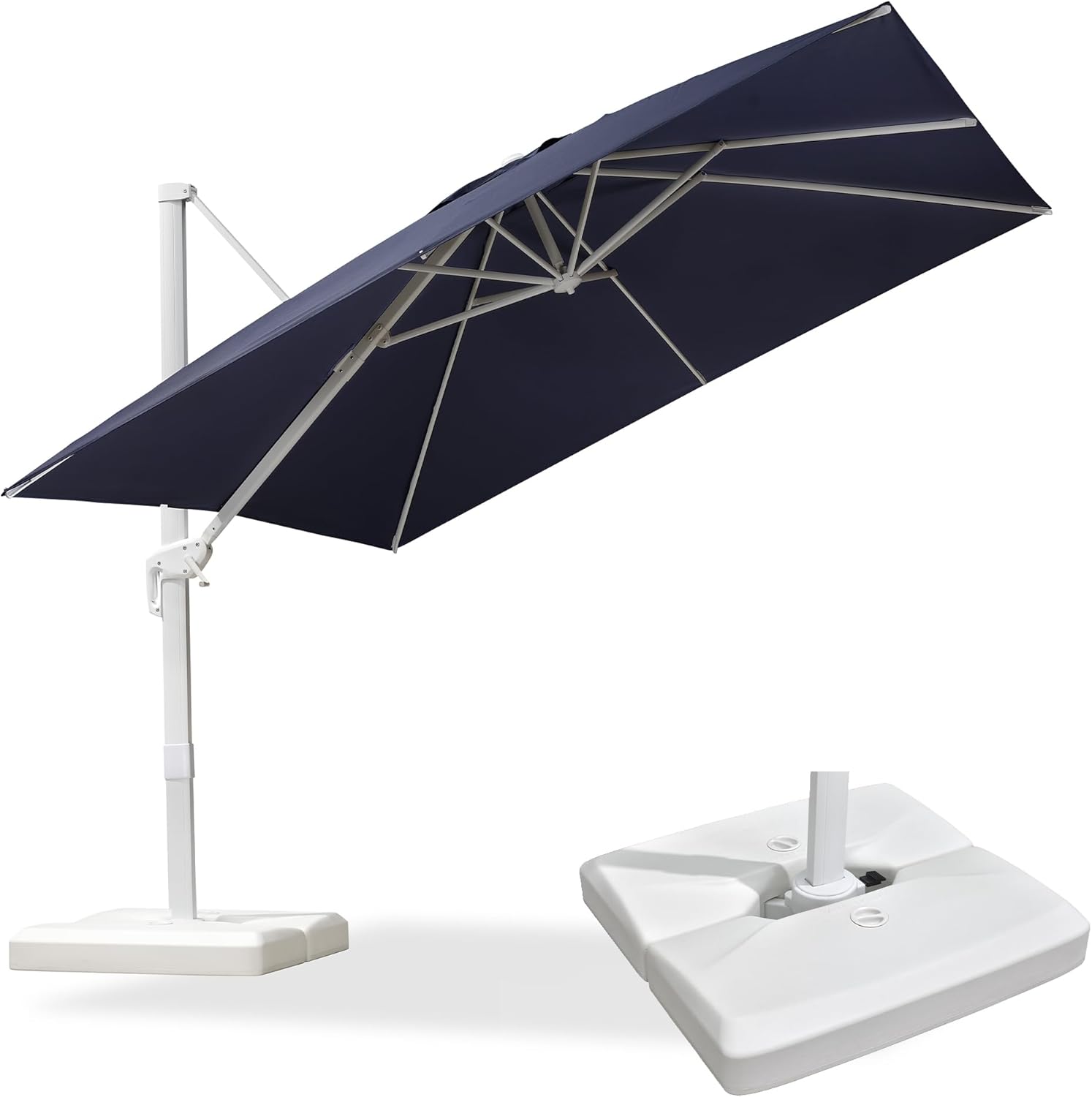 PURPLE LEAF 10 FT Patio Umbrella With Base White Cantilever Umbrella Square Outdoor Offset Umbrella Windproof with 360° Rotation for Garden Deck Pool, Navy Blue