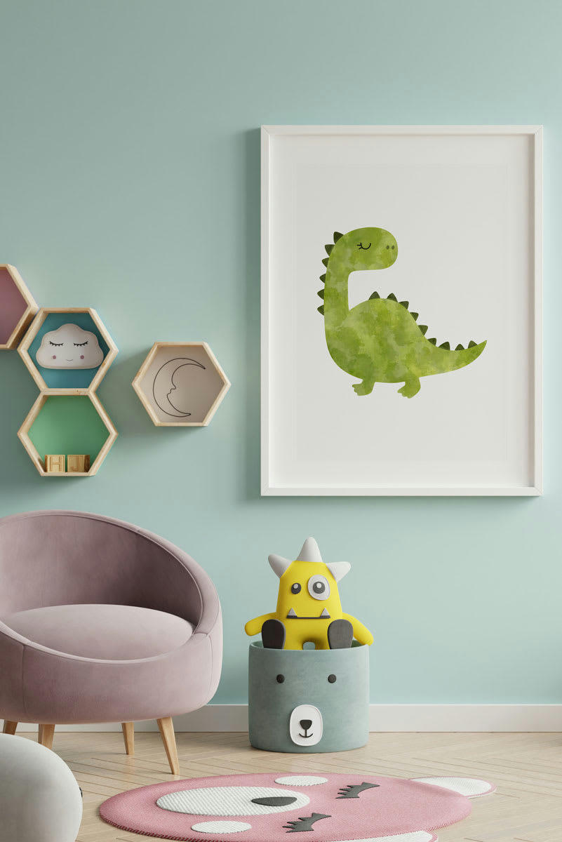 DECOWALL - Impression de dinosaure encadrée en bois blanc 43X33 cm