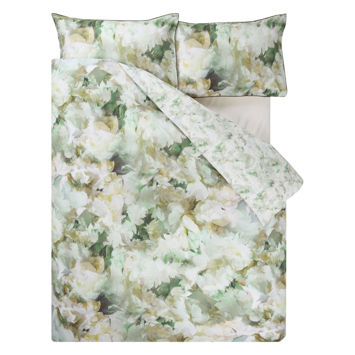 FLEURS DE JOUR CELADON - Housse de couette imprimée en percale de coton vert 200x200