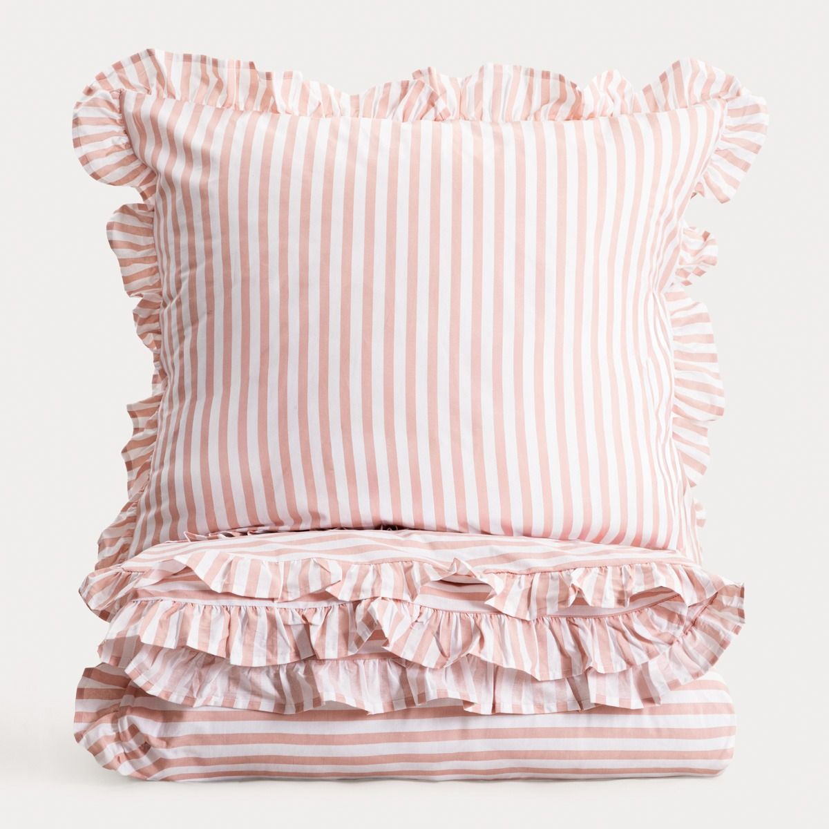 Pościel TRUDY bawełniana w różowe paski z falbanką 160x200   2*70x80 cm