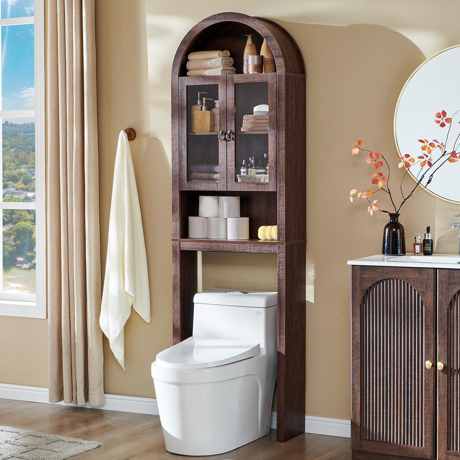 IFGET Arched Over The Toilet Storage Cabinet with Acrylic Doors, Modern Over Toilet Bathroom Organizer Shelf, Small Wooden Bathroom Storage Cabinet with Adjustable Shelf, Space Saver, Dark Walnut
