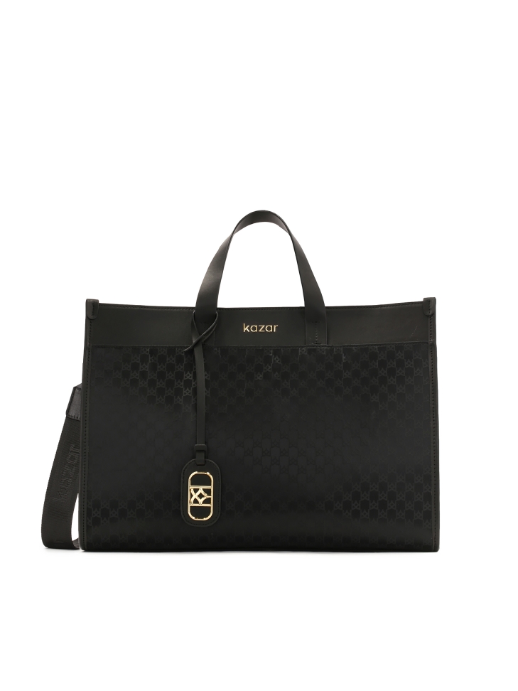 Large handbag made of fabric and natural leather