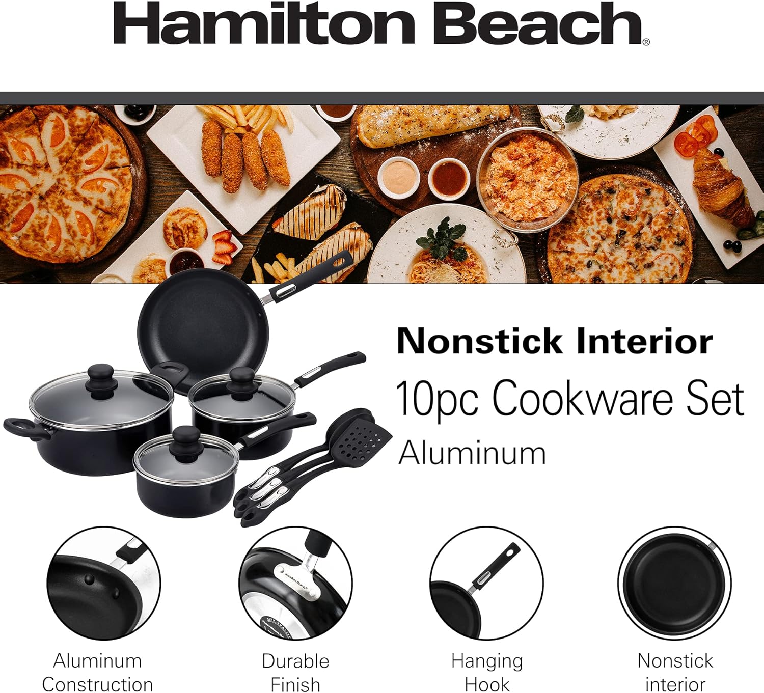 Hamilton Beach Aluminum Covered Cookware Set, Nonstick Saucepan Frypan, Dutch Oven with Soft Touch Bakelite Handle, | Spiral Bottom- Multipurpose Use | Durable & Dishwasher Safe |10pc, Black |