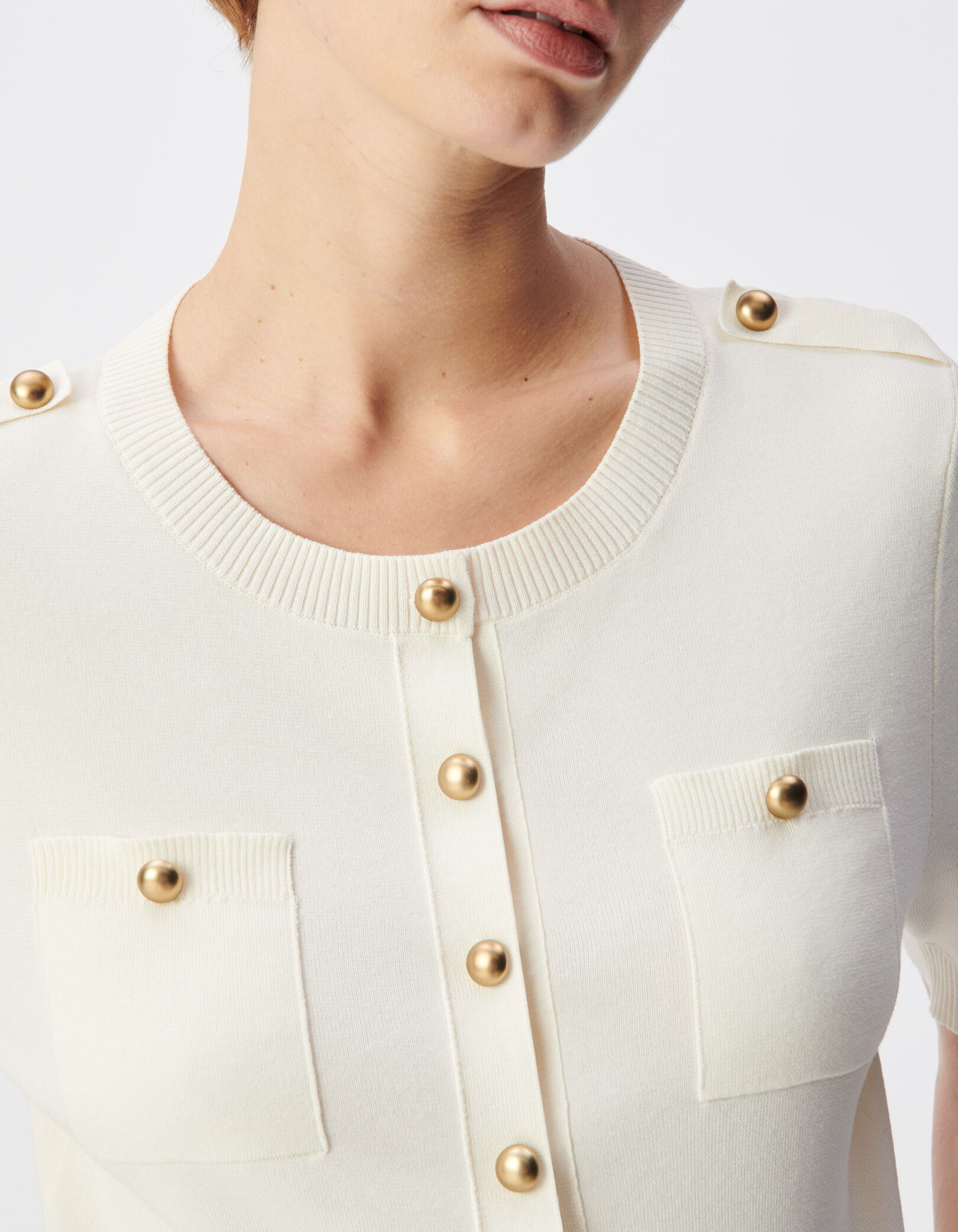 Cardigan manches courtes blanc tricot deux poches Femme