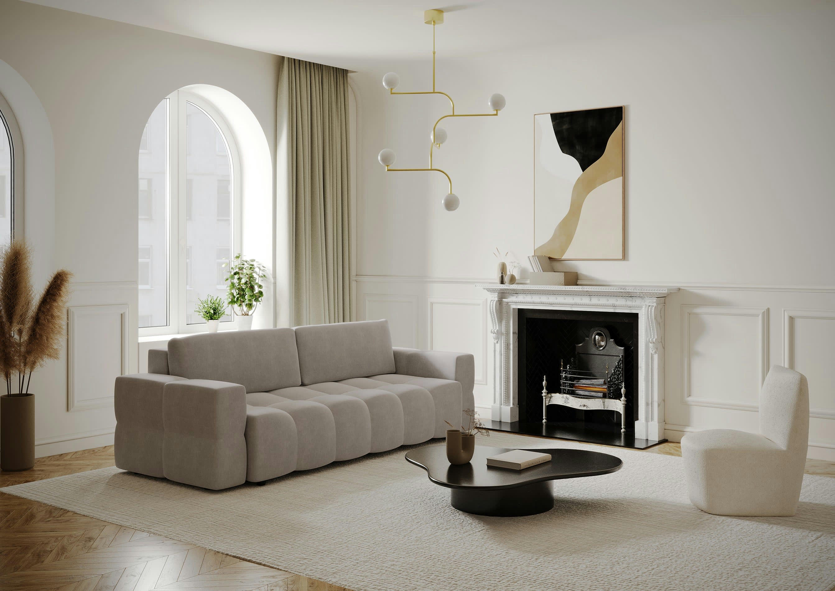 GABRIEL - Canapé 4 places convertible coffre noyer velours taupe