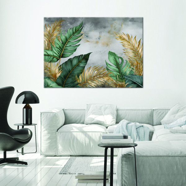Feeby Obraz na płótnie, Liście Złote I Zielone Na Szarym Tle 60x40