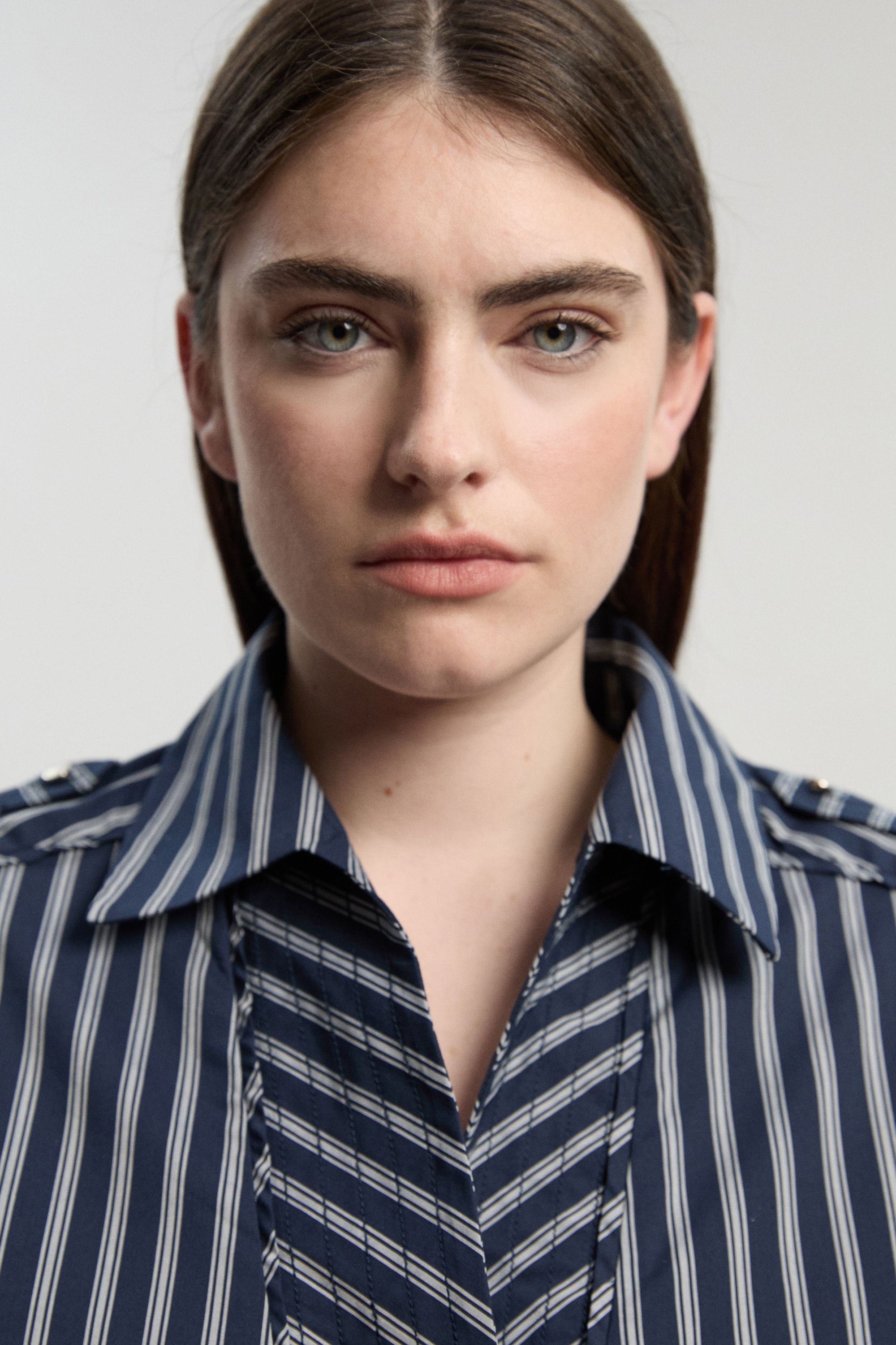 KarenMillen Forever Stripe Boxy Cotton Placket Detail Woven Shirt