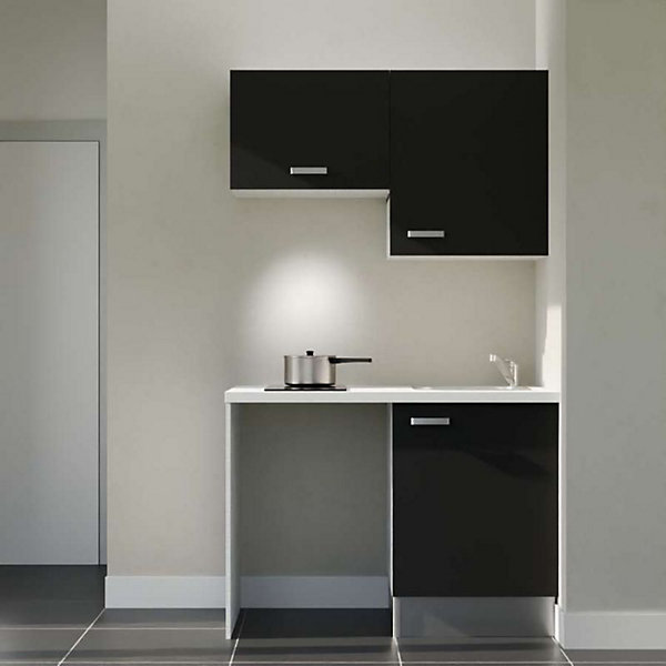 Kitchenette K01 - 120 cm - Façades : Noir - Plan de travail : Blanc - Crédences : Non - Evier Inox
