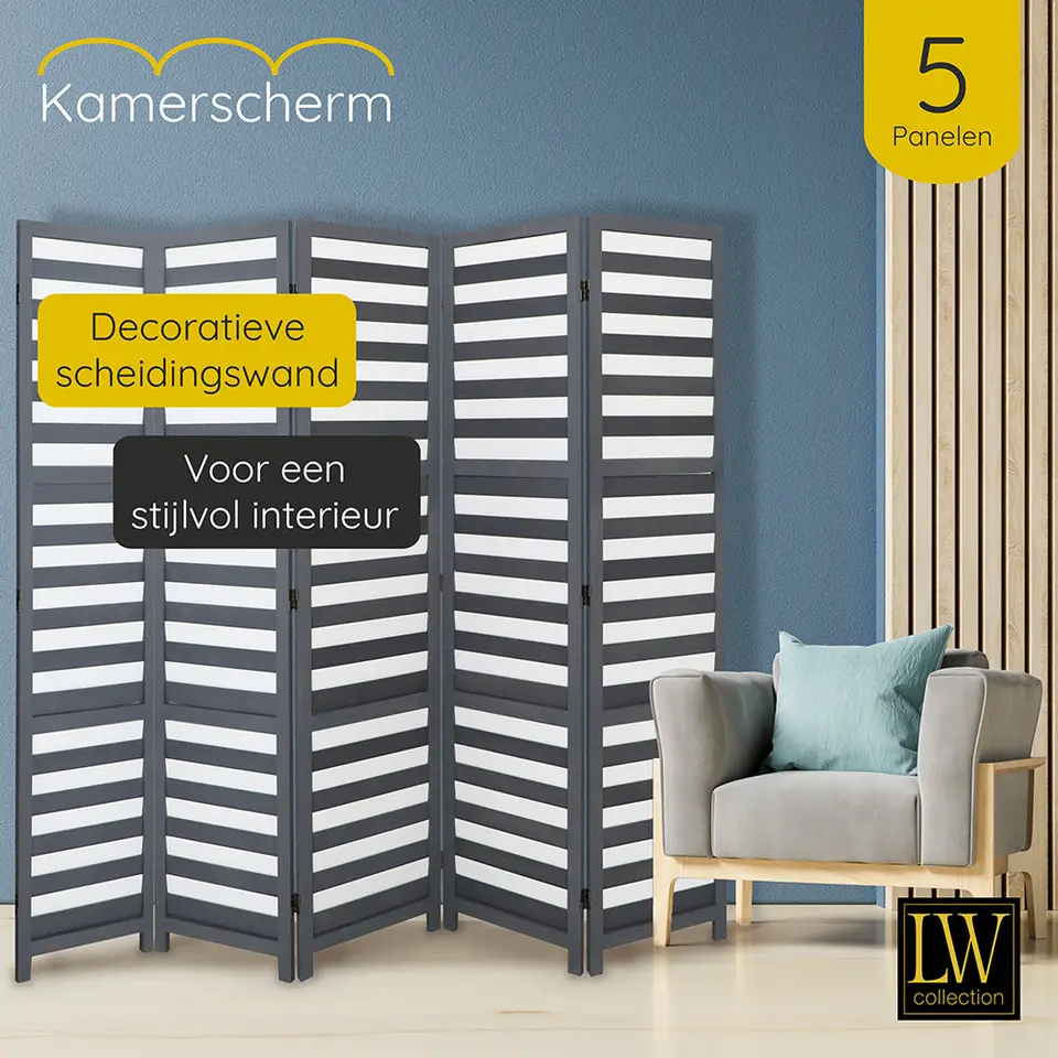 LW Collection Kamerscherm 5 panelen hout grijs 170X200CM - paravent - scheidings
