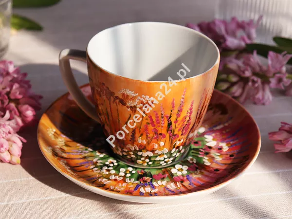 Filiżanka ze spodkiem 0,35 L / 17 cm ręcznie malowana - Łąka brzoskwiniowa (14) DA.FS35-14