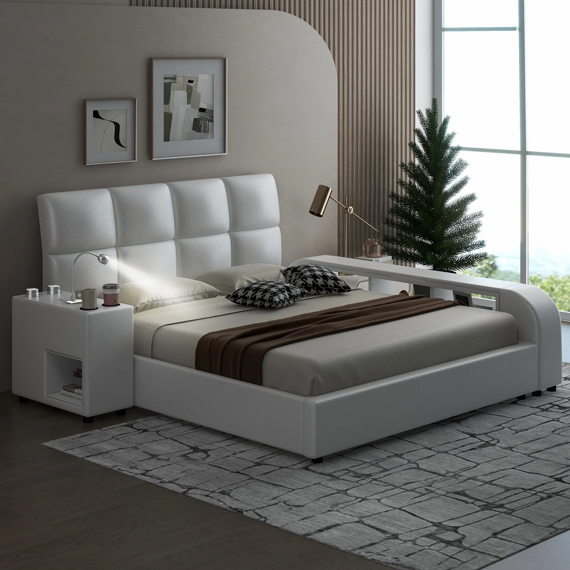 Queen Size Upholstered Platform Bed with Built-In Multimedia Nightstand Featuring Bluetooth Speakers