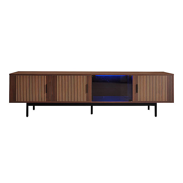 Meuble TV texture sculptée bandeau LED porte verre trempé meuble bas moderne