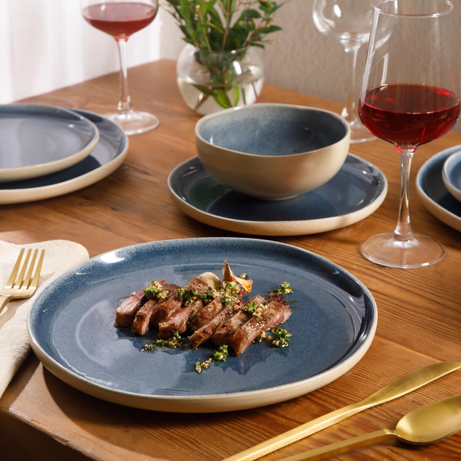 Gibson Elite Manila Bay 12-Piece Stoneware Dinnerware Set, Service for 4, Reactive Glaze Modern Artisan Plates, Bowls & Mugs, Blue, Round Design