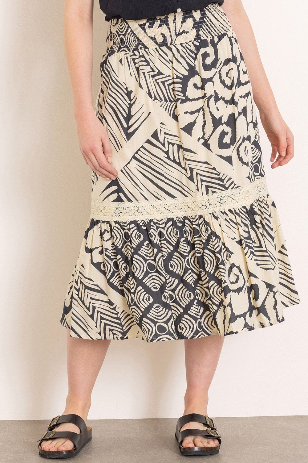 Klass. Printed Smocked Waist Cotton Midi Skirt