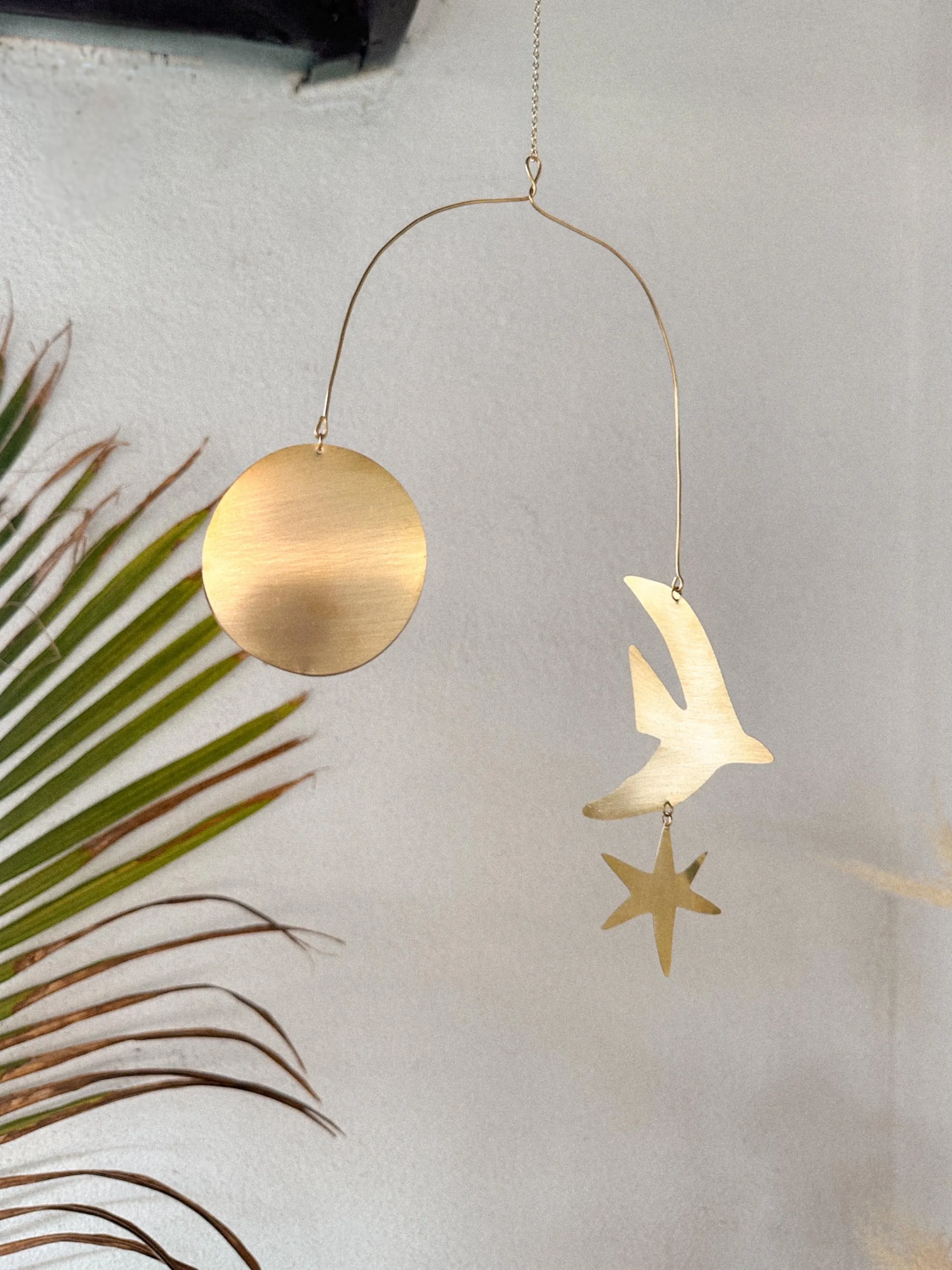 Brass Mobile: Cut Bird, Moon, and Star