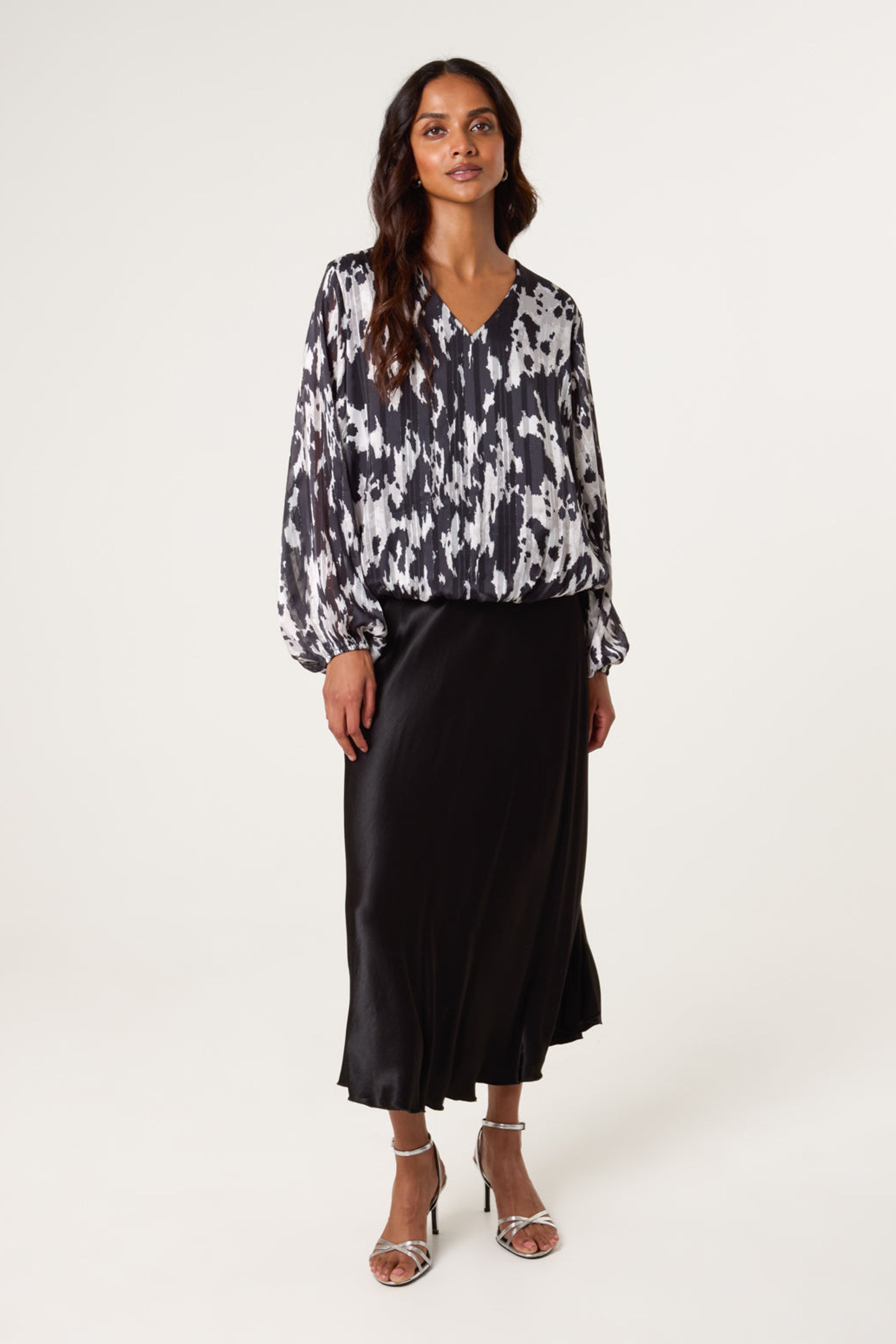 Blue Vanilla Black Metallic V Neck Bubble Hem Blouse