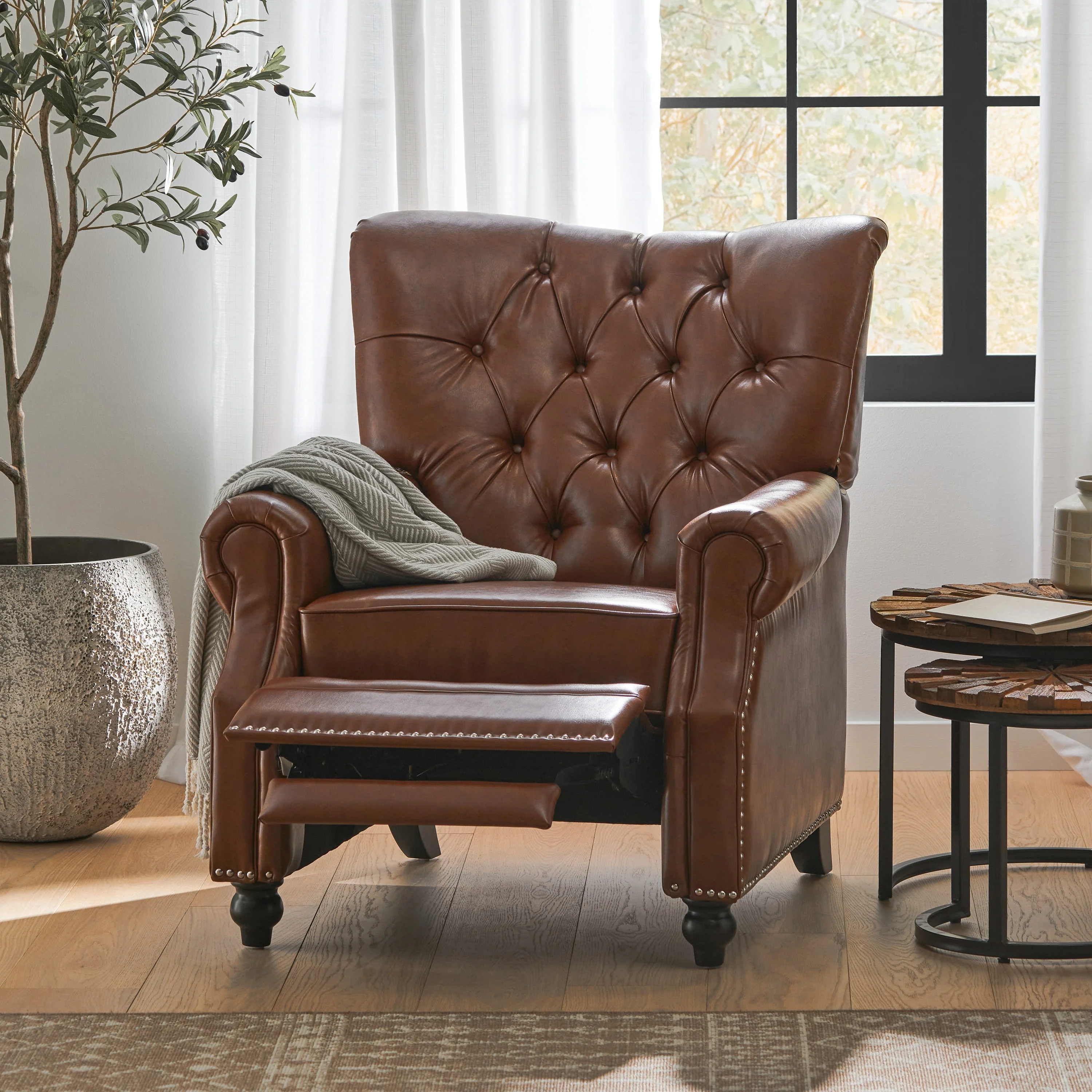Light Brown Pu Leather Upholstered Push Back Recliner with Footrest, Button-tufted Backrest, Nailhead Accents
