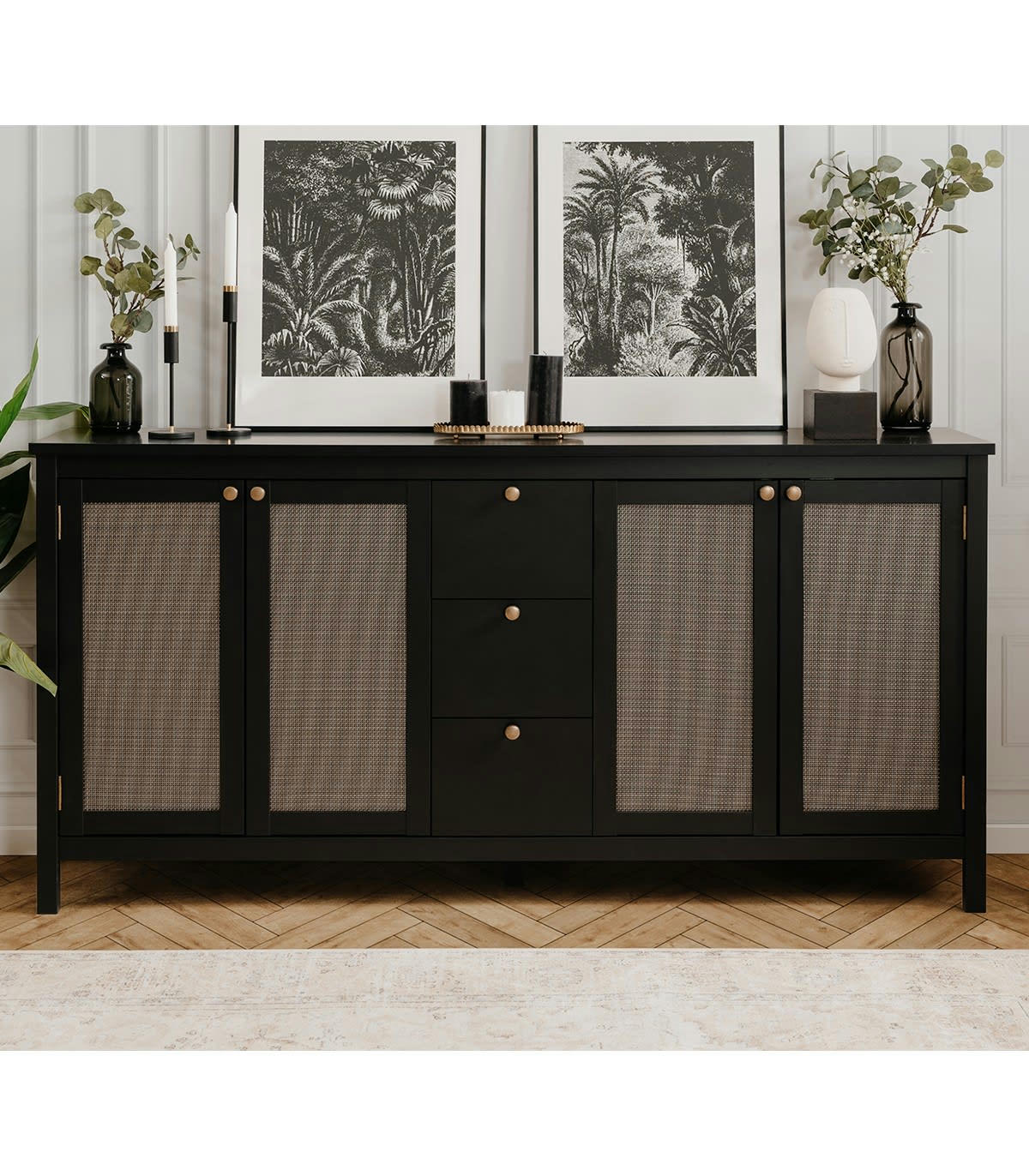 KRAKOW - Buffet 4 portes et 3 tiroirs effet bois et métal - L180 x H90 cm