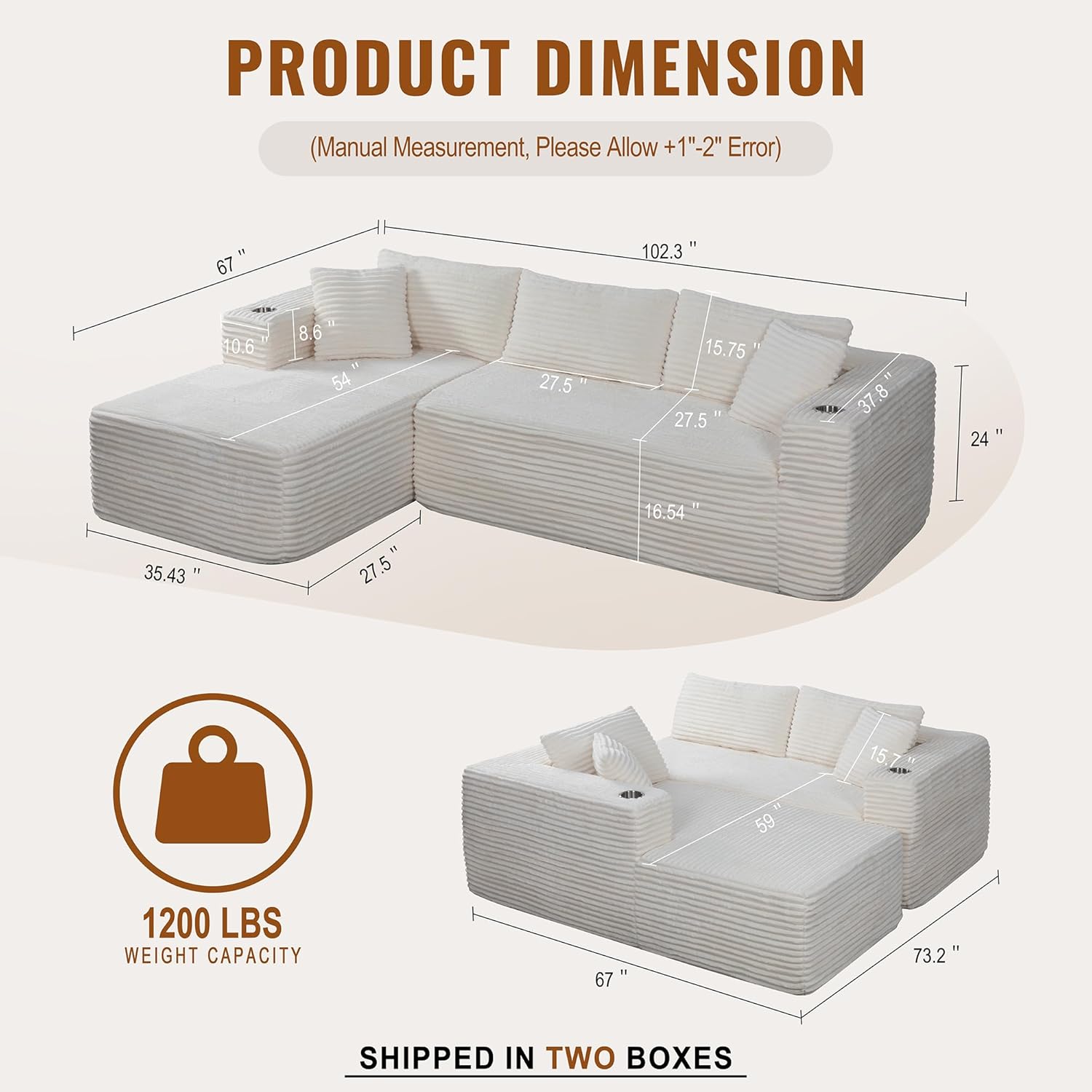 Shintenchi Boneless Couches for Living Room,Modular Sectional Sofa with 2 Cup Holders,Memory Foam Cloud Couch with L Shaped Oversized Chaise,No Assembly Needed Plush Corduroy Sofa