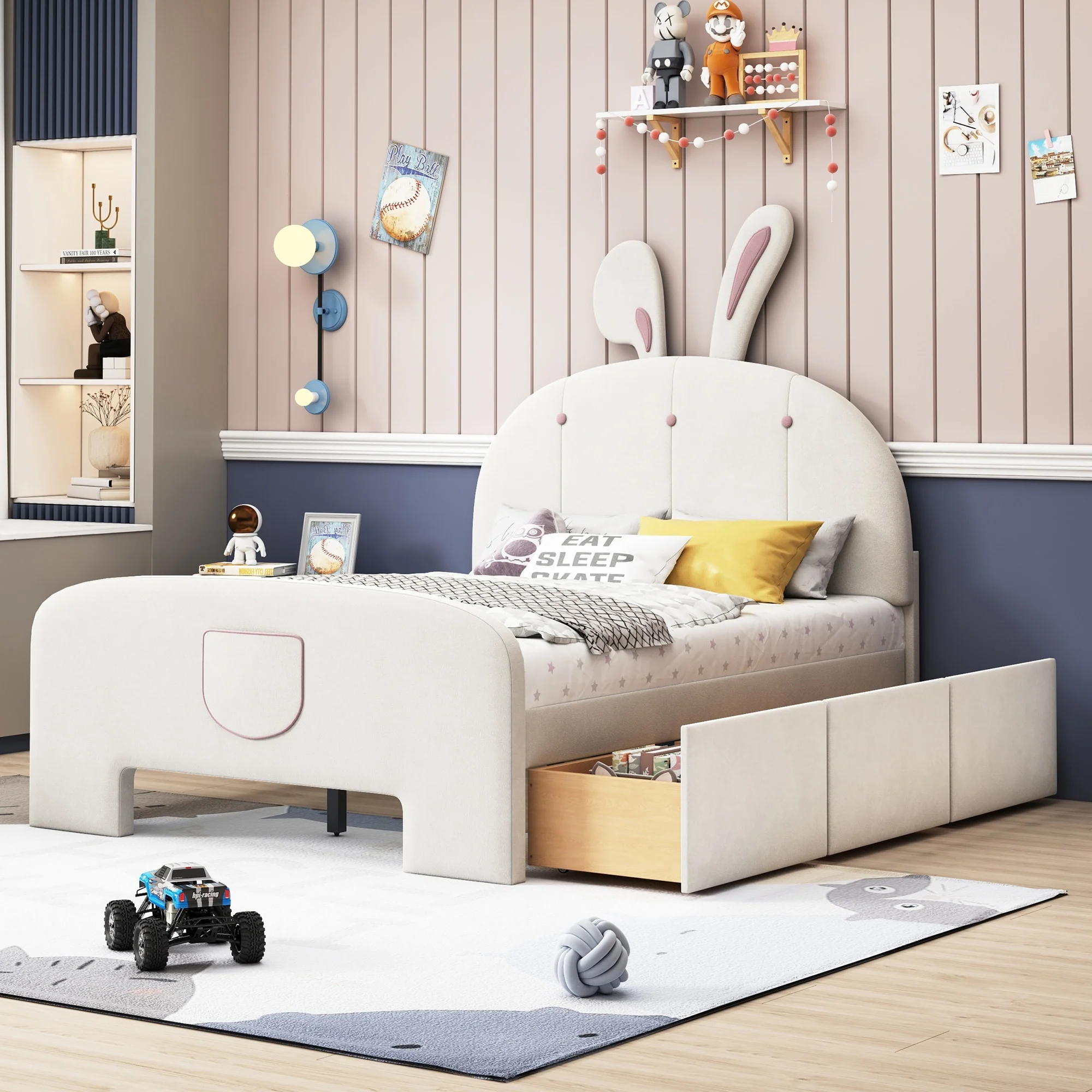 Adorable Rabbit-Shaped Twin Platform Bed with Drawers and Storage Pockets for Kids