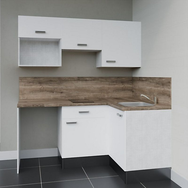 Kitchenette KA03 - 128 cm - Façades : Blanc - Plan de travail : Bois - Crédences : Oui - Evier