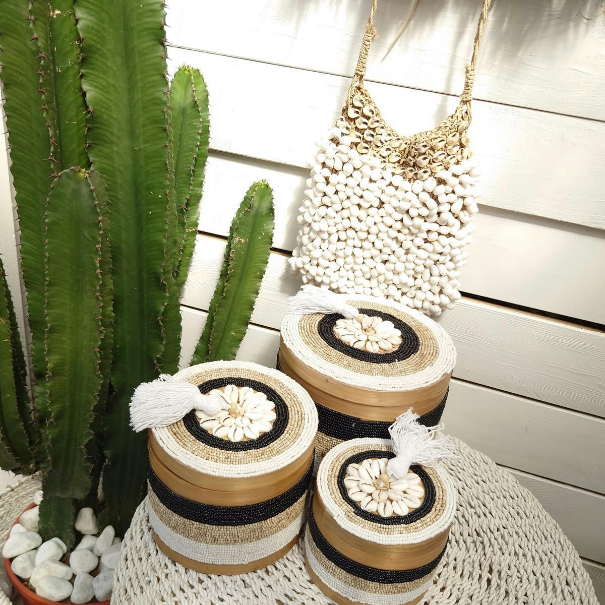 INDY - Boîtes en bambou, perles et coquillages, multicolore - lot de 3