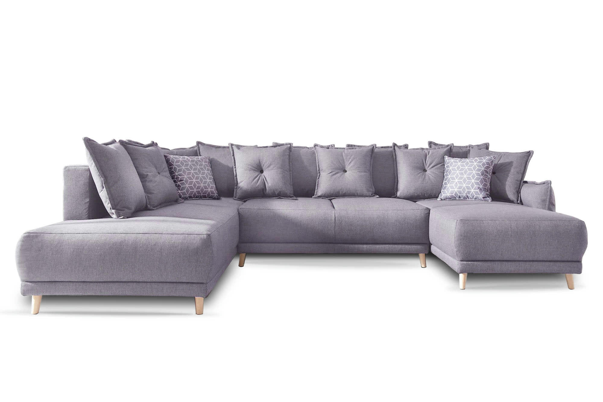 LENA - Canapé panoramique 7 places angle gauche en tissu gris clair